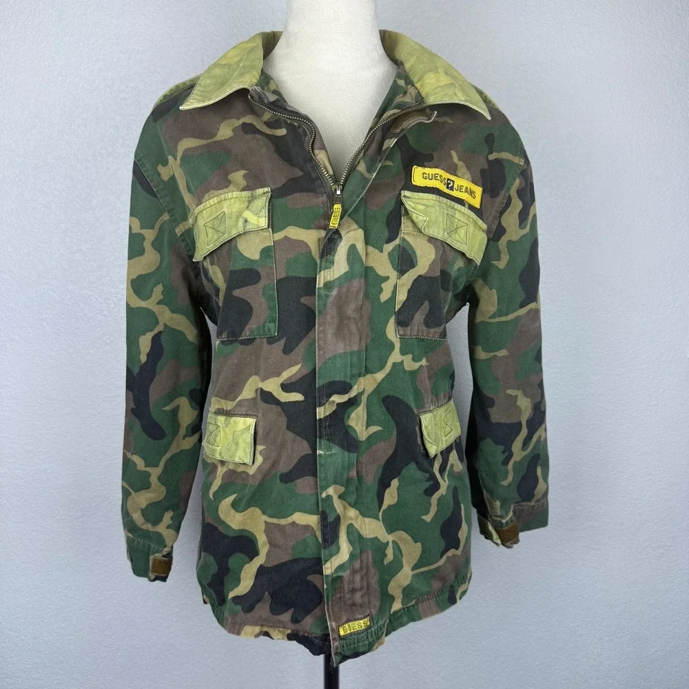 Vtg Guess Jeans Camouflage Military Jacket Women's Patches Green Brown Zipper - Picture 1 of 8